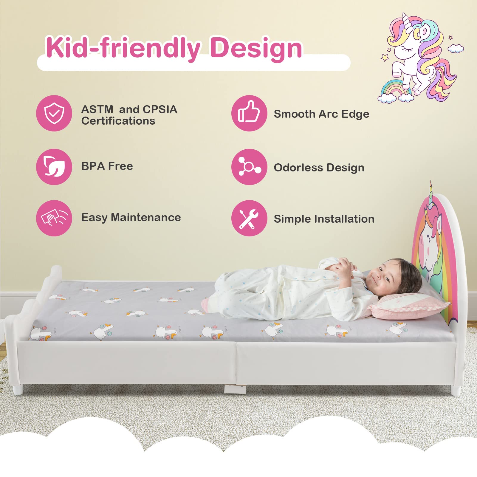 Costzon Twin Bed Frames for Kids, Wood Upholstered Twin Bed Platform with Slat Support, Padded Headboard&Footboard, No Box Spring Needed, Easy Assembly, Fits Standard Twin Mattress (Rainbow)