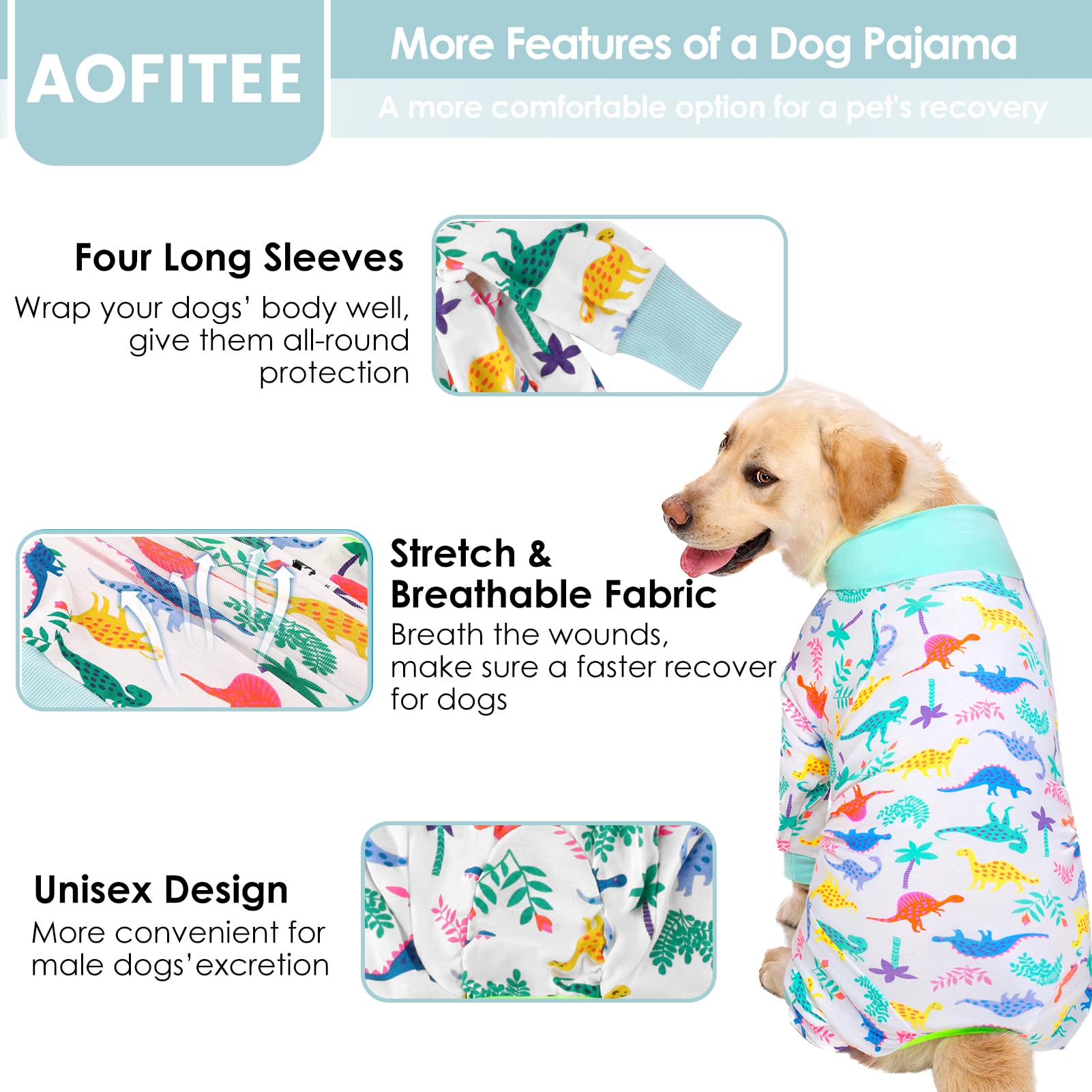 AOFITEE Dog Recovery Suit After Surgery Dog Onesie, Dog Surgical Recovery Shirt for Abdominal Wounds, Dinosaur Print Dog Pajamas Bodysuit for Medium Large Dog Cone Alternative, Full Body for Shedding