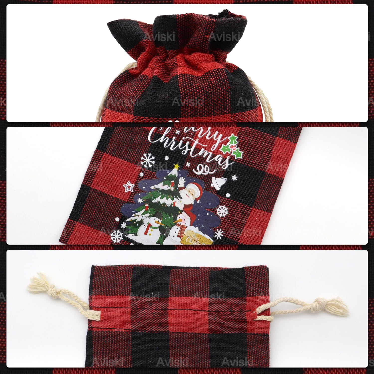 60Pcs Cotton Christmas Drawstring Bags Buffalo Plaid Xmas Gift Bags Cotton Xmas Candy Bags Small Christmas Fabric Bags Goody Gift Bags Treat Sacks Reusable Gift Wrapping Bags Holiday Party Favors