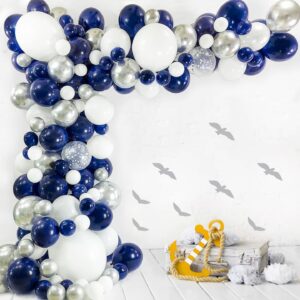 Navy Blue Silver Balloons Arch Kit 130 PCS Navy Blue Balloon Garland With White Silver Confetti Latex Balloons Different Sizes For Graduation Rugby Baby Shower Wedding Birthday Party Decorations