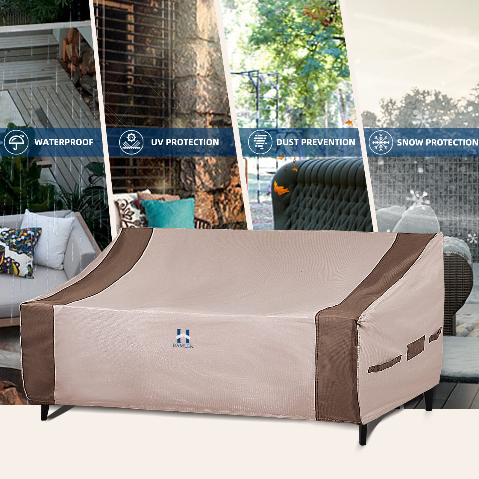 HAMLER Patio Sofa Cover, 2-Seater Heavy Duty Outdoor Couch Cover Waterproof, Outdoor Loveseat Cover with Air Vents and Handles, Outdoor Sofa Cover Fits up to 58"W x 32.5"D x 24"H, Brown & Beige