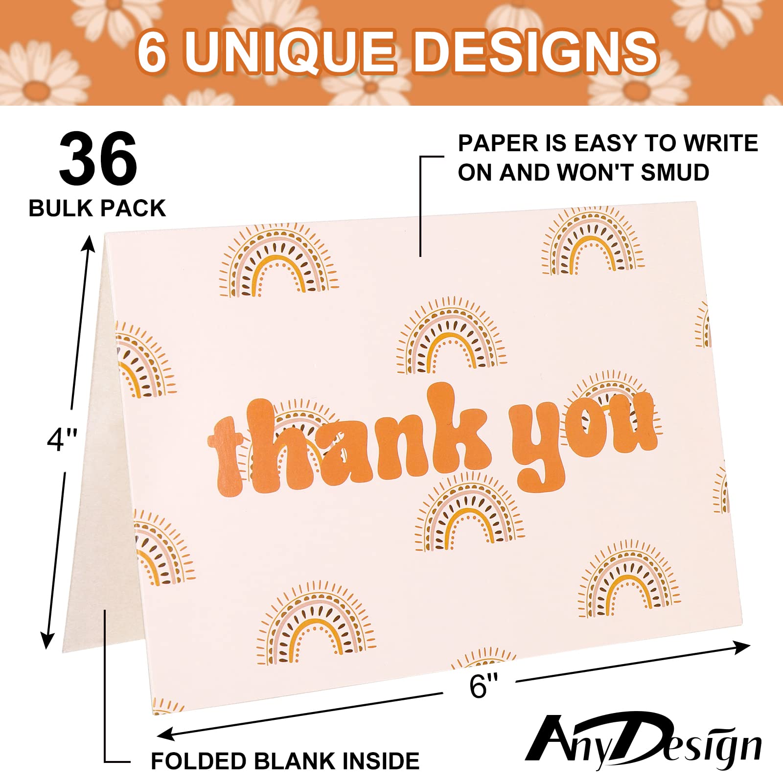 AnyDesign Boho Rainbow Thank You Card Bulk 36 Pack Rainbow Flower Note Cards with Matching Seal Stickers Envelopes Hippie Greeting Blank Cards for Birthday Baby Shower Bridal Holiday Party, 4 x 6