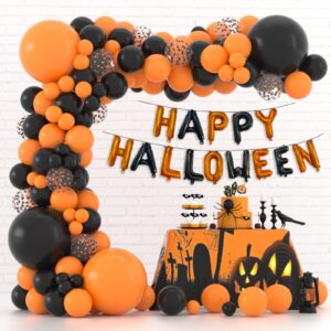 ajoyegg halloween balloons garland kit 115pcs, matte black orange confetti balloon 18 12 5 inch with happy halloween foil balloons, latex balloon arch for halloween day party supplies decorations diy