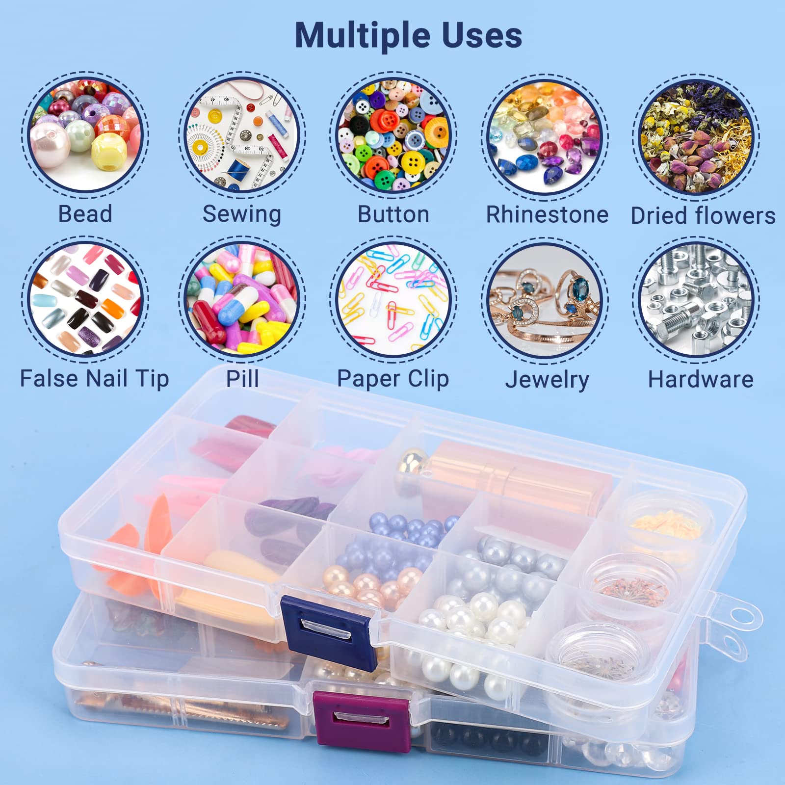 Cosics Bead Organizer Box, 2PCS 15 Compartment Craft Storage Container with Removable Divider, Plastic Empty Case for Jewelry Rhinestone Charms Crystal Press On Fake Nail, Hair Stuff Small Accessory