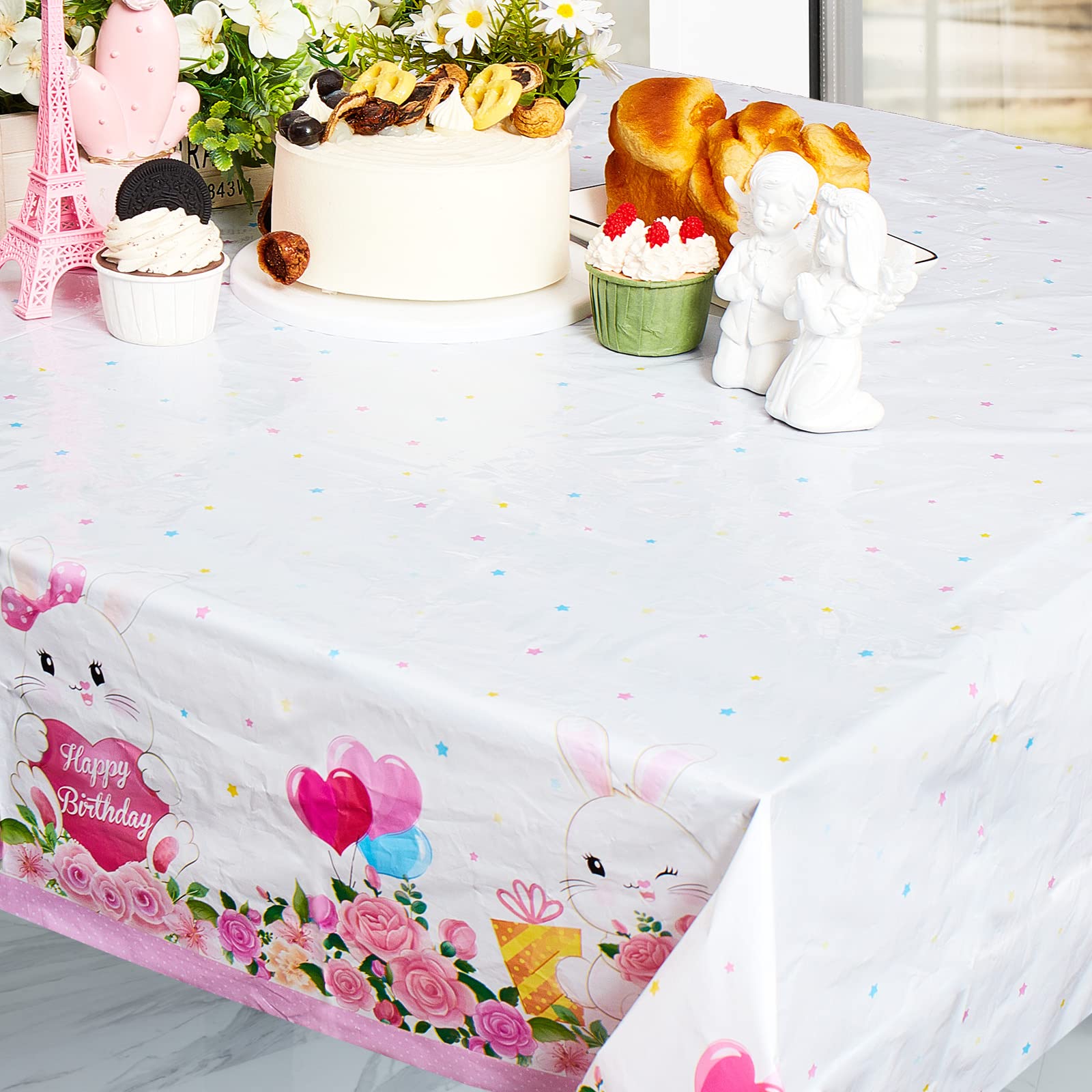 3 Pcs Easter Bunny Party Supplies Tablecloth Bunny Plastic Table Covers Floral Pastel Table Cloth Bunny Themed Birthday Decorations for Girl Boy Birthday Spring Baby Shower Party Supplies Gifts