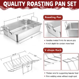 Roasting Pan with Rack for Turkey Chicken, Joyfair Stainless Steel Roaster Pan and V-rack for Toaster Oven, Rectangular Bakeware with Sturdy Handles, Heavy Duty & Dishwasher Safe (Large)