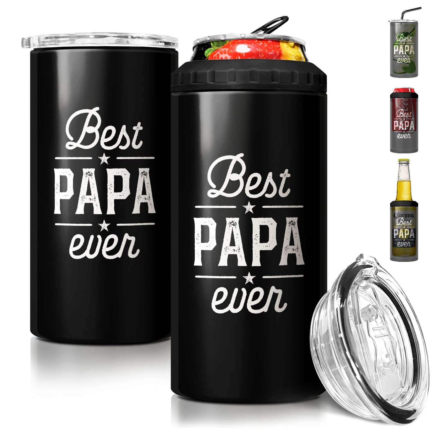 SANDJEST 4-in-1 Dad Tumbler Gifts for Dad from Daughter Son - 16oz Best Papa Ever Can Cooler Tumblers Cup - Stainless Steel Insulated Cans Coozie Christmas, Birthday, Father's Day Gift