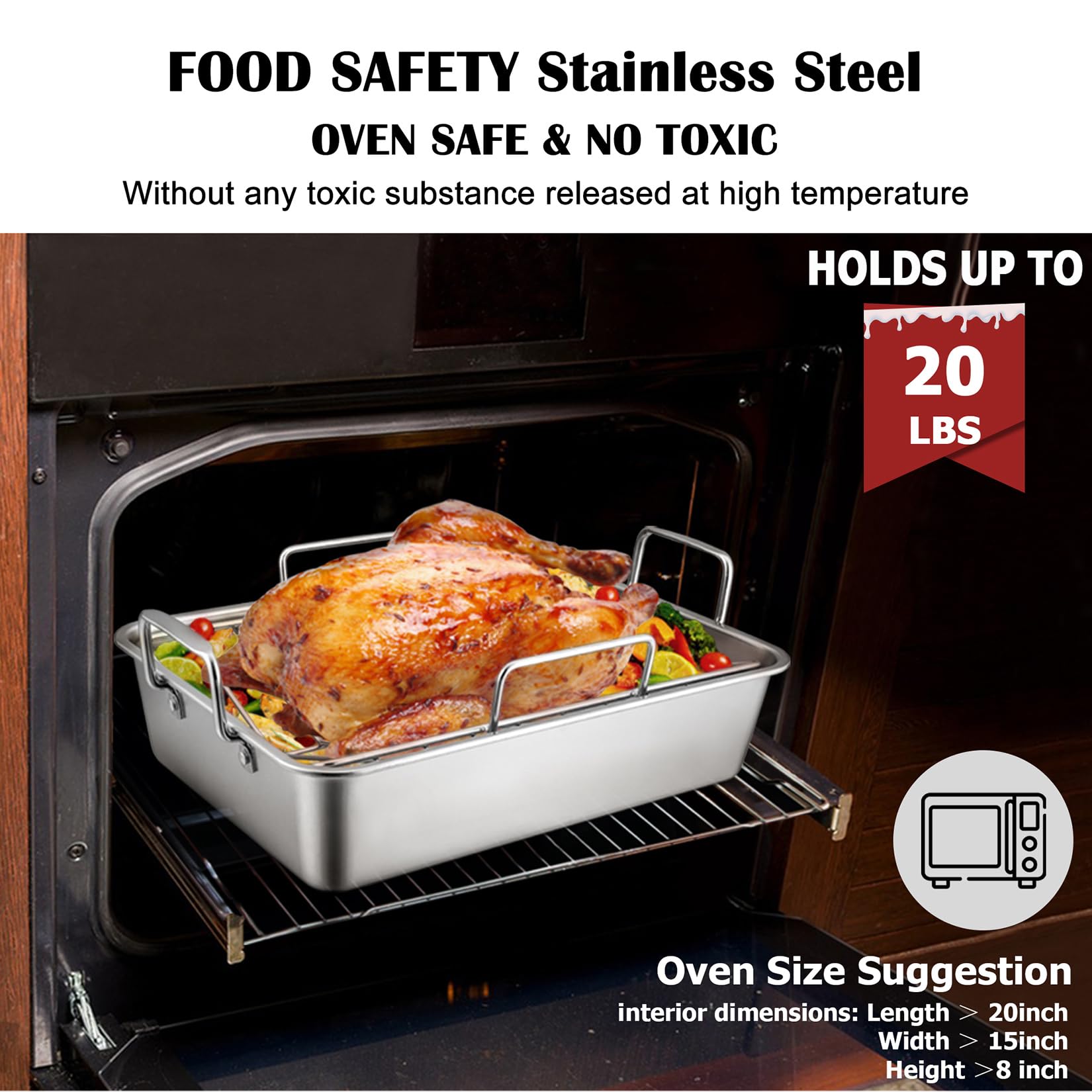 Roasting Pan with Rack for Turkey Chicken, Joyfair Stainless Steel Roaster Pan and V-rack for Toaster Oven, Rectangular Bakeware with Sturdy Handles, Heavy Duty & Dishwasher Safe (Large)