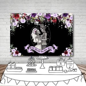 MEHOFOND 7x5ft Halloween Till Death Do Us Part Backdrop for Spooky Wedding Gothic Bridal Shower Background Violet Floral Mr and Mrs Bride and Groom Skull Anniversary Party Decorations Photo Props