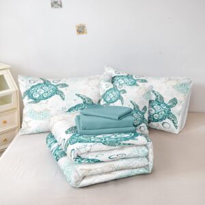 MOVE OVER Coastal Bedding Set Queen Size Sea Turtle Comforter Set with Sheet Set Teal Blue Ocean Comforter Set Beach Theme Bedding Set 8 Pieces Teal Sea Turtle Bedding Set for Summer