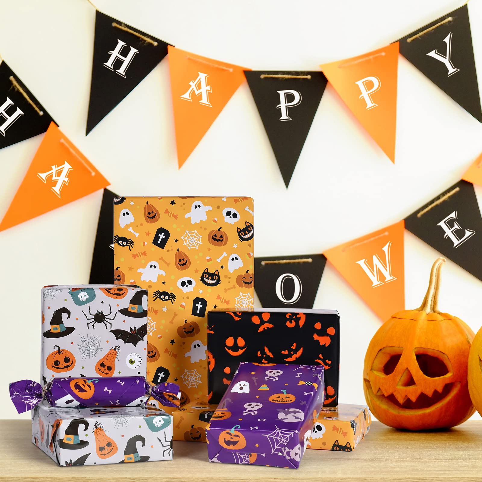 PlandRichW Halloween Wrapping Paper 12 Sheets Folded for Boys Girls Kids Man Women,Pumpkin Spooky Witch Hat Bat Halloween Decorations,Holiday,Party,Baby Shower Present Packing Each 20" X 29"