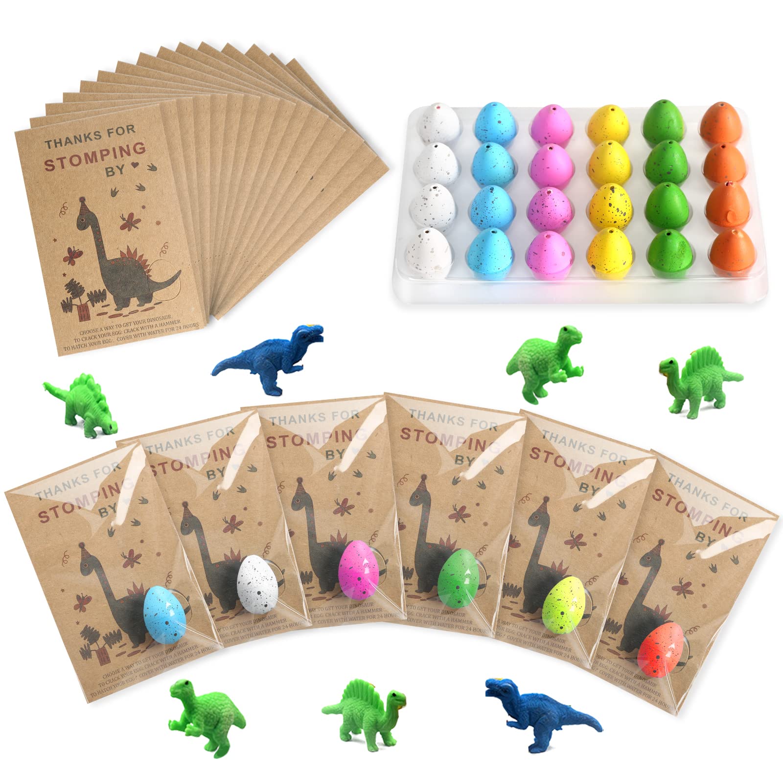 Dinosaur Party Favors Funny Mini Dinosaur Toys Dinosaur Birthday Party Supplies 24 Pack Dino Eggs and 24 Hatching Card Bulk Gifts Novelty Birthday Party Decorations for Kids Boys Girls Toddler