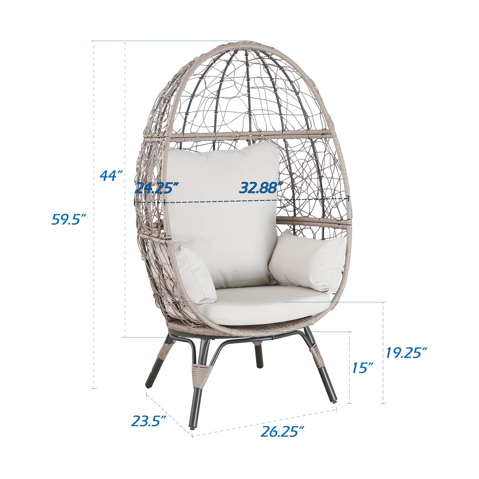 Patio Tree Outdoor Wicker Egg Lounge Chair, Patio Steel Rattan Lounge Chair with 4 Removable Cushions, Beige