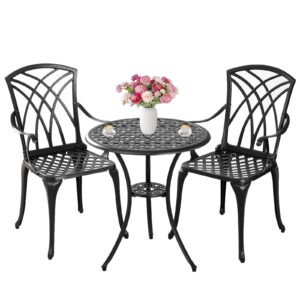 Withniture Bistro Set 3 Piece Outdoor,Cast Aluminum Outdoor Bistro Set,All Weather Bistro Table and Chairs Set of 2 with 1.97" Umbrella Hole,Patio Bistro Sets for Garden(Woven Black)