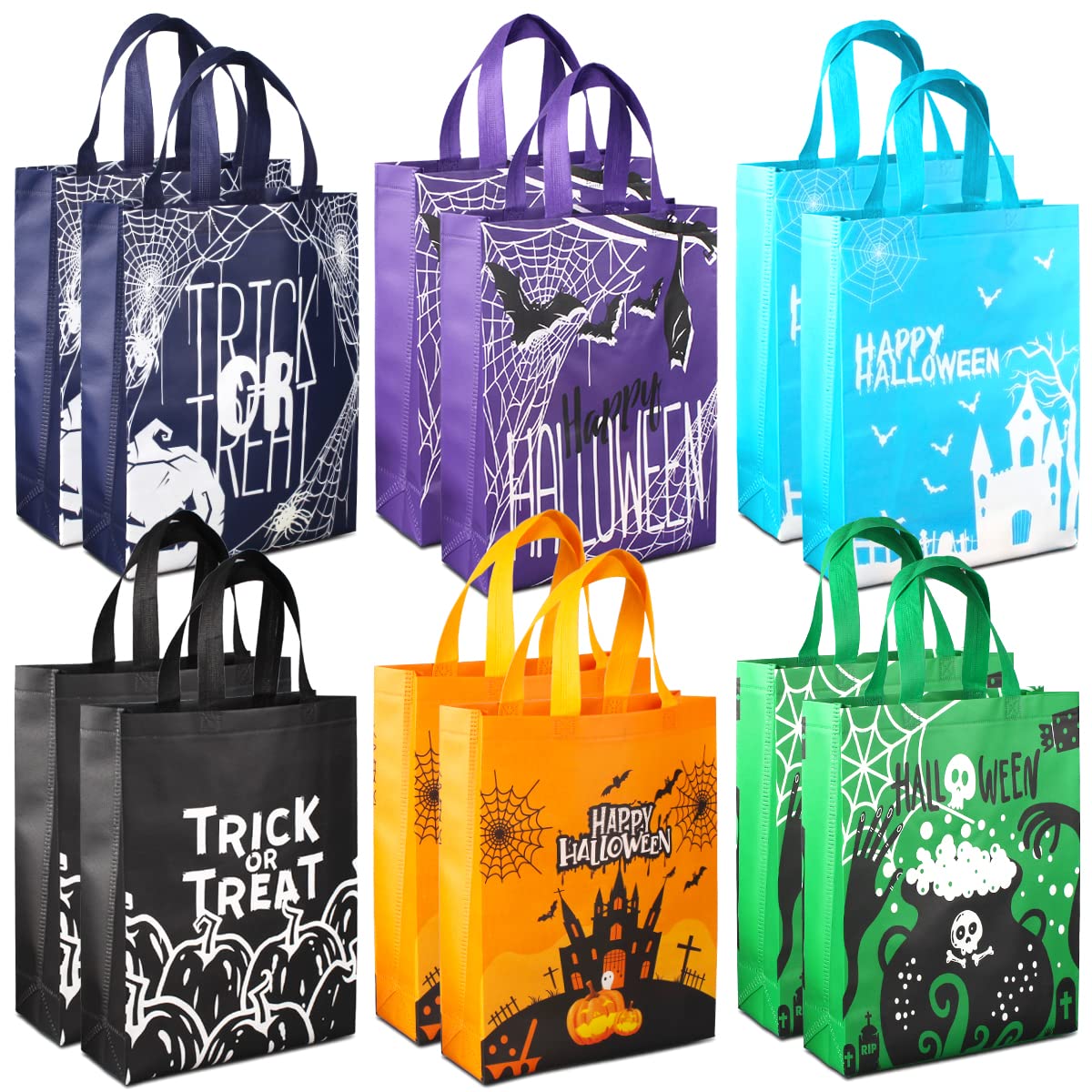 Aviski 12PCS Halloween Trick or Treat Bags,Halloween Tote Bags with Handles, Large Gift Bags, Multifunctional Non-Woven Halloween Bags for Gifts Wrapping, Halloween Party Supplies, 15×11.8×3.9"