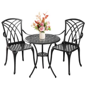 Withniture Bistro Set 3 Piece Outdoor,Cast Aluminum Outdoor Bistro Set,All Weather Bistro Table and Chairs Set of 2 with 1.97" Umbrella Hole,Patio Bistro Sets for Garden(Woven Black)