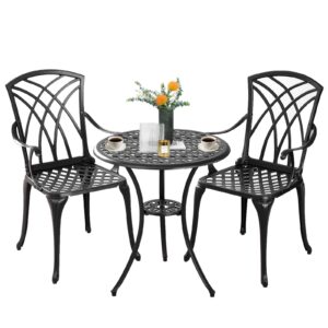 Withniture Bistro Set 3 Piece Outdoor,Cast Aluminum Outdoor Bistro Set,All Weather Bistro Table and Chairs Set of 2 with 1.97" Umbrella Hole,Patio Bistro Sets for Garden(Woven Black)