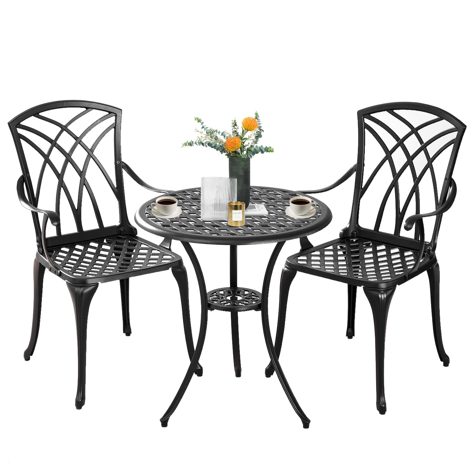 Withniture Bistro Set 3 Piece Outdoor,Cast Aluminum Outdoor Bistro Set,All Weather Bistro Table and Chairs Set of 2 with 1.97" Umbrella Hole,Patio Bistro Sets for Garden(Woven Black)