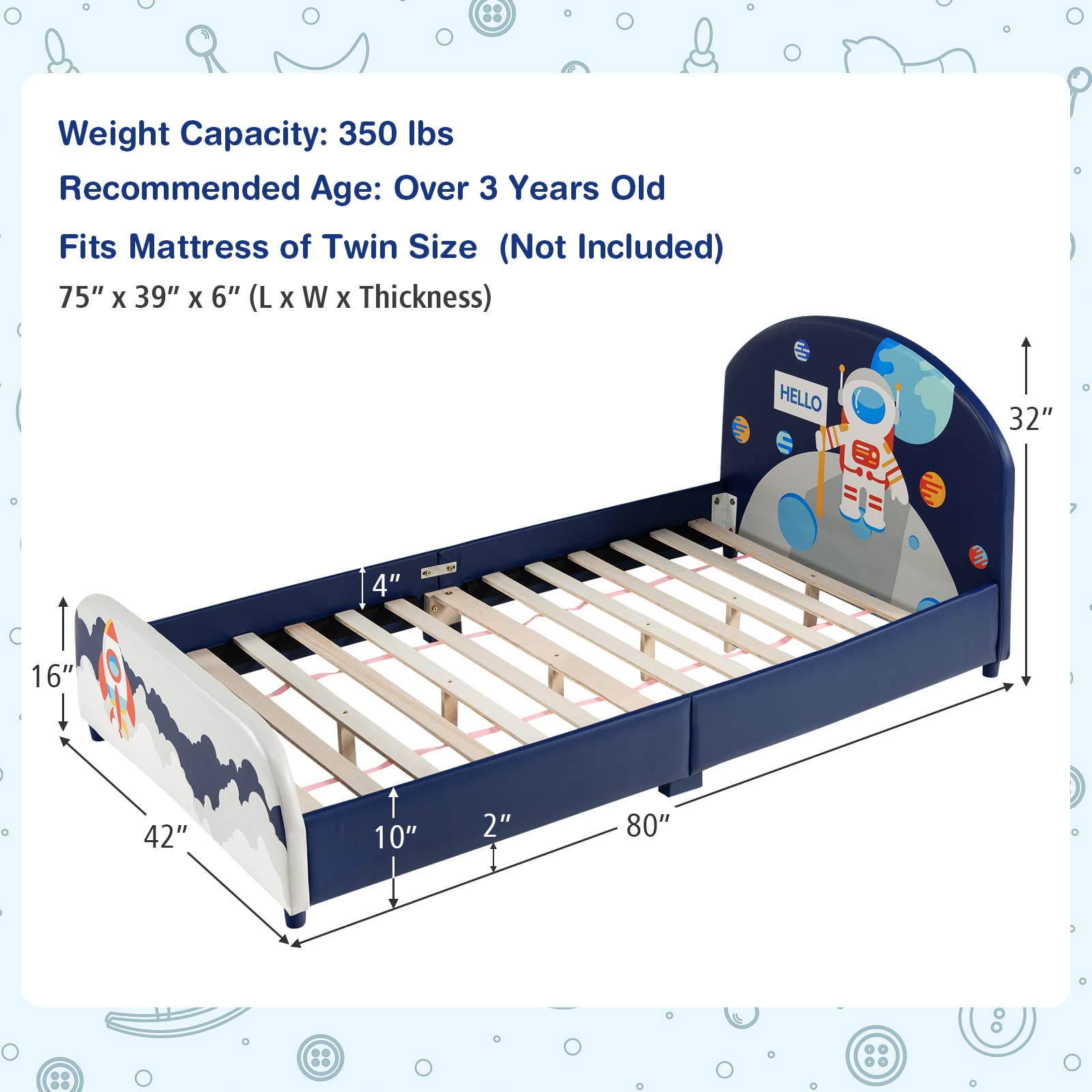 Costzon Twin Bed Frames for Kids, Wood Upholstered Twin Bed Platform with Slat Support, Padded Headboard&Footboard, No Box Spring Needed, Easy Assembly, Fits Standard Twin Mattress (Astronaut)