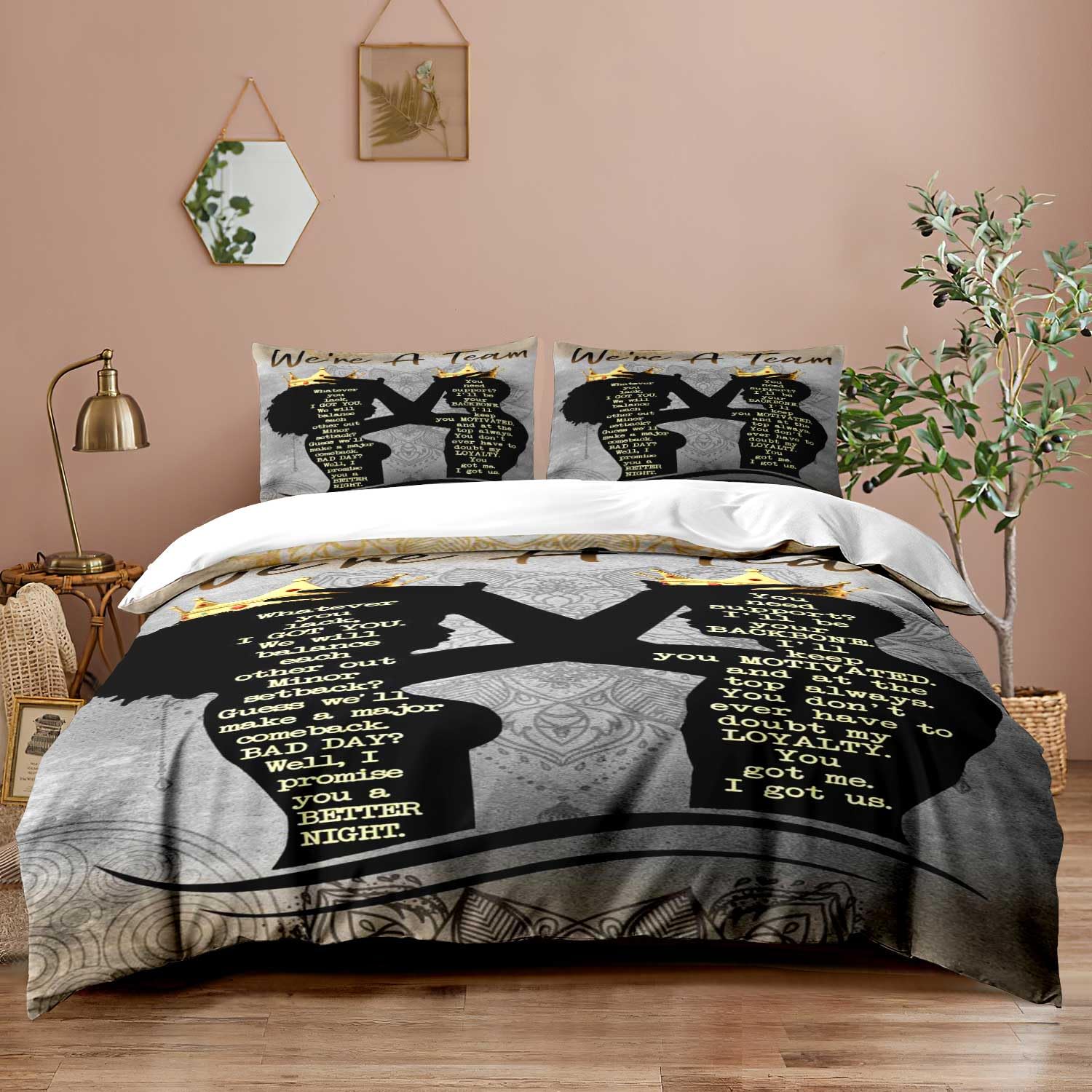 VIVIHOME 3PCS African American Bedding Sets, King Duvet Cover, Black King Melanin Queen Bed Set, Quilt Comforter Cover, Bedroom Decor for Couples Gifts, We're A Team, 2 Pillow Shams