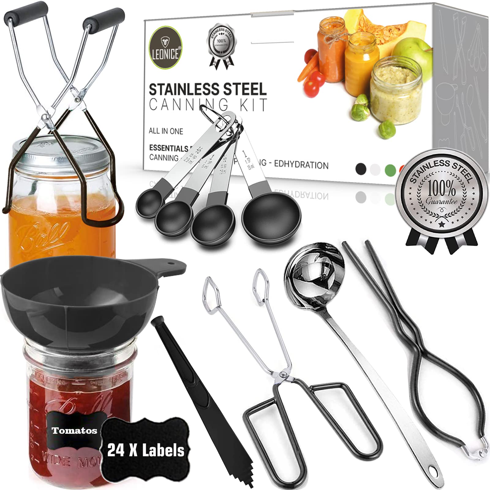 Canning Kit, Canning Supplies Starter Kit, Food Grade Stainless Steel Canning Set for Beginner,Canning Essential Tools for Water Bath & Pressure Canner, Canning Accessories Equipment for Pot, Black