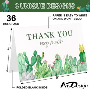 AnyDesign Cactus Thank You Cards 36 Pack Watercolor Succulent Note Cards with Matching Seal Stickers Envelopes Greenery Greeting Blank Cards for Birthday Baby Shower Wedding Bridal Party, 4 x 6