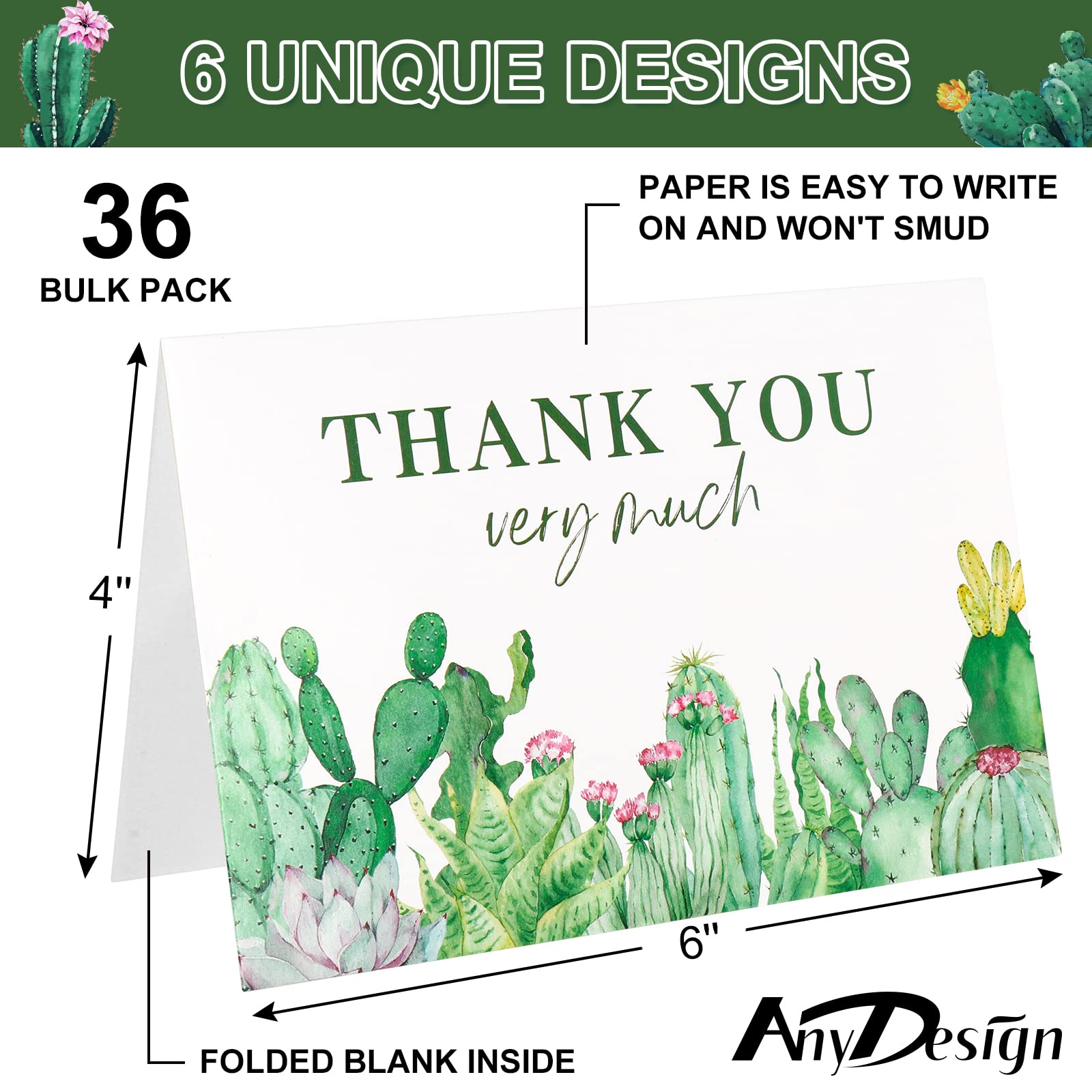 AnyDesign Cactus Thank You Cards 36 Pack Watercolor Succulent Note Cards with Matching Seal Stickers Envelopes Greenery Greeting Blank Cards for Birthday Baby Shower Wedding Bridal Party, 4 x 6