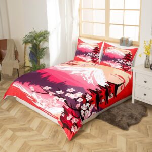 Red Ukiyoe Print Duvet Cover Cherry Blossom Bedding Sets Queen Japanese Mount Fuji Comforter Cover Chic Flowers Florals Bedding Retro Oriental Tower Quilt Cover Decoratives Ultra Soft Cozy 3 Piece