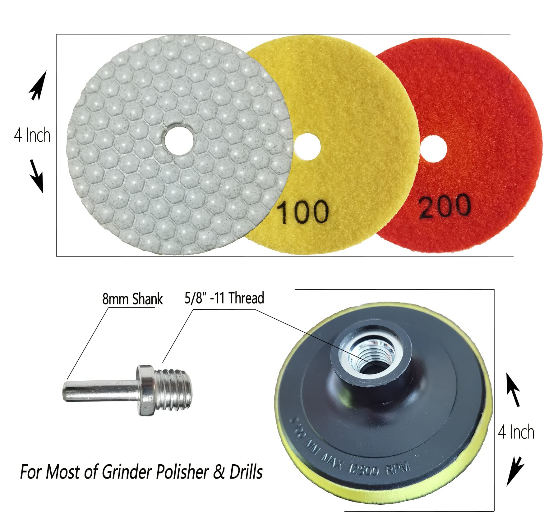 16 Packs Dry Diamond Polishing Pads Set, 4 Inch Dry/Wet Granite Bufffing Pad for Marble Quartz Concrete Stone Tiles - High Temperature Resistance Sanding Kit for Grinder Polisher Drill