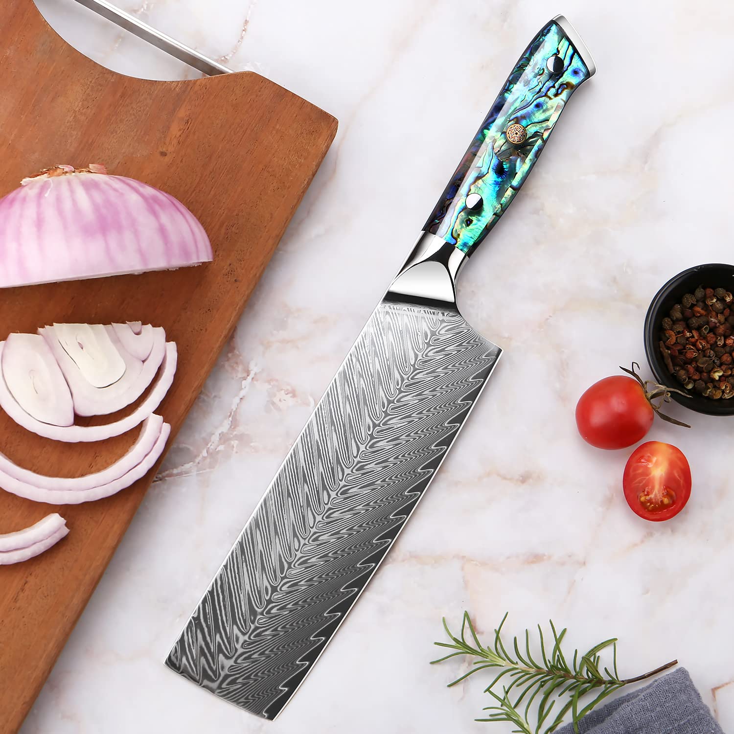 SENKEN Damascus Steel Cleaver Knife - Umi Collection - 67-Layer Japanese VG10 Steel Nakiri, Real Deep-Sea Abalone Shell Handle, Ruthlessly Sharp Blade for Effortless Cutting (Damascus Cleaver Knife)