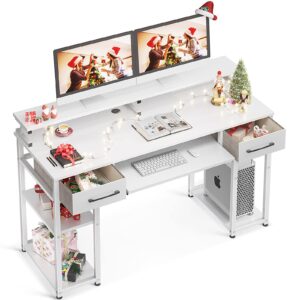 odk computer desk, 48'' office desk with keyboard tray, writting desk with drawers and monitor stand, study table with cpu stand and removable shelf for storage, whtie