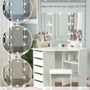 VOWNER Vanity Desk with Mirror and Lights - Vanity with 3 Lighting Options, Adjustable Brightness, Vanity Set with 5 Sliding Drawers, Shelves and Vanity Stool, Corner Vanity for Women Girls, White 43"