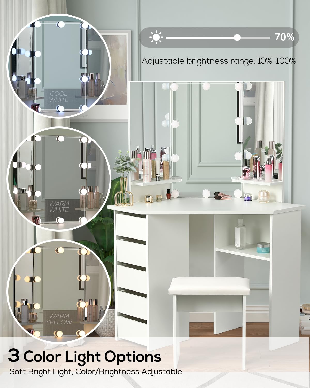 VOWNER Vanity Desk with Mirror and Lights - Vanity with 3 Lighting Options, Adjustable Brightness, Vanity Set with 5 Sliding Drawers, Shelves and Vanity Stool, Corner Vanity for Women Girls, White 43"