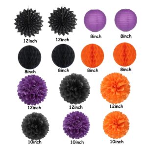 Black Orange Purple Halloween Party-Decorations - 14pcs Kits Paper Lanterns Fan,Tissue Flower Pom Poms Streamers,Honeycomb Balls,Graduation Birthday Wedding Baby Bridal Shower Decor Lasting Surprise