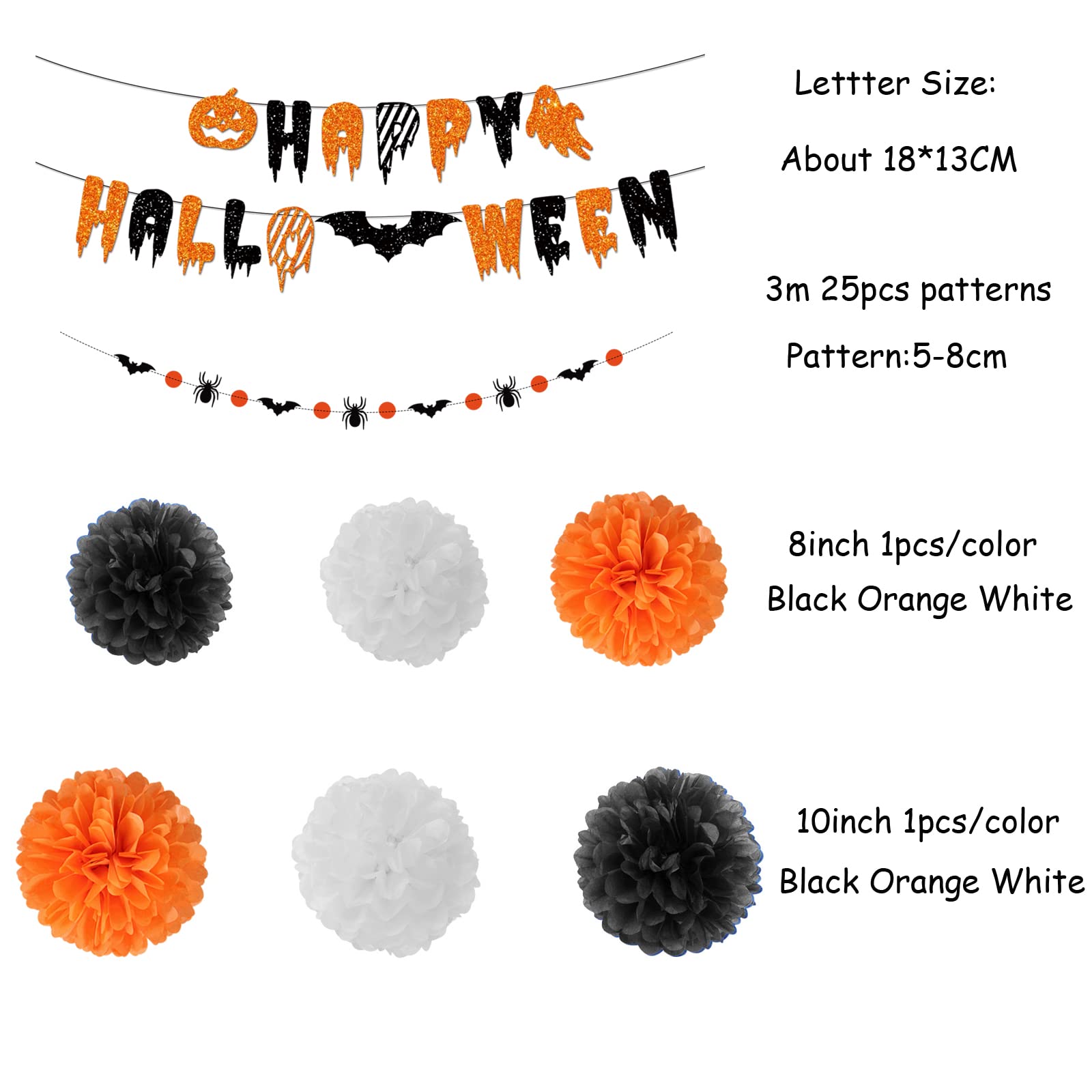 Black Orange White Halloween Party-Decorations - 8pcs Kits Happy Halloween Banner, Tissue Flower Paper Pom Poms Streamers,Bat Decor Garland,Birthday Wedding Baby Bridal Shower Lasting Surprise