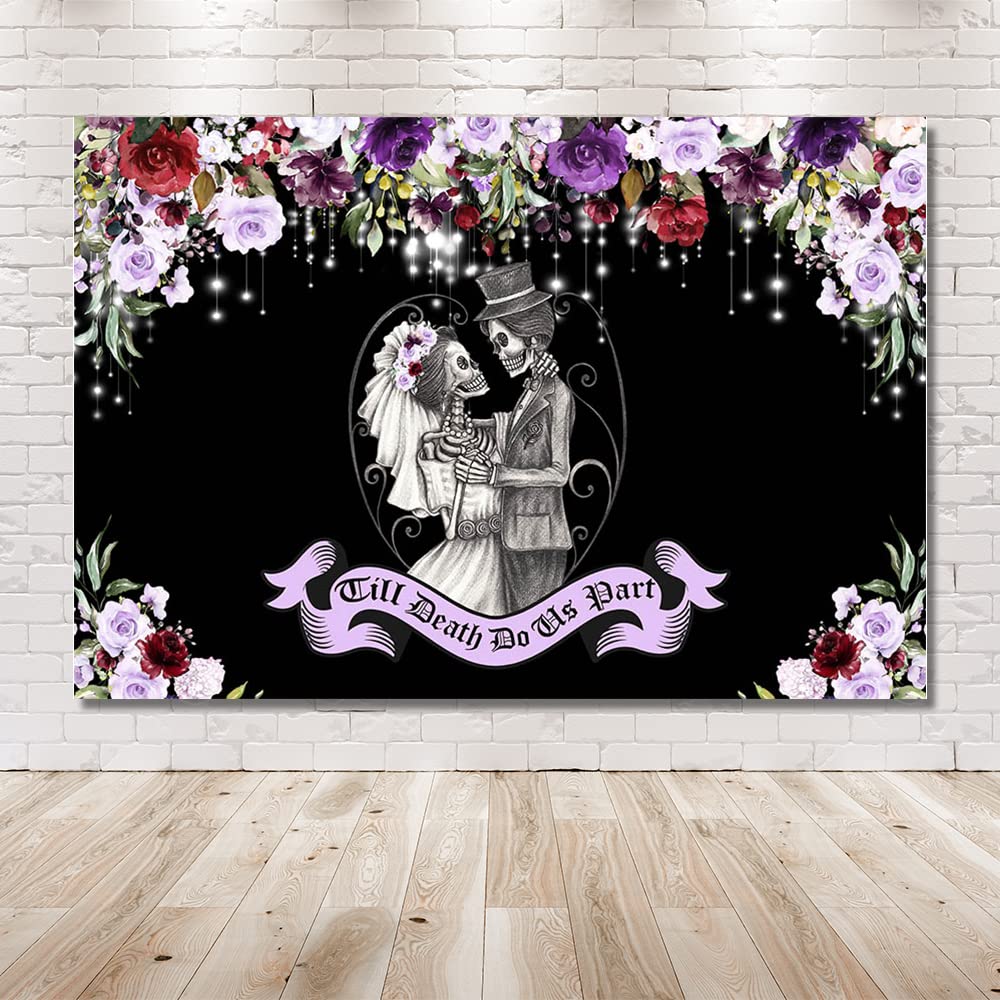 MEHOFOND 7x5ft Halloween Till Death Do Us Part Backdrop for Spooky Wedding Gothic Bridal Shower Background Violet Floral Mr and Mrs Bride and Groom Skull Anniversary Party Decorations Photo Props