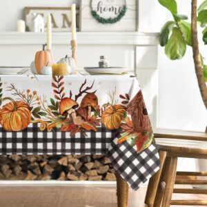 Horaldaily Fall Tablecloth 60x84 Inch Rectangular, Thanksgiving Autumn Harvest Pumpkin Mushroom Black Buffalo Plaid Table Cover for Party Picnic Dinner Decor