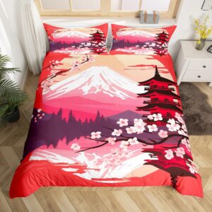 Red Ukiyoe Print Duvet Cover Cherry Blossom Bedding Sets Queen Japanese Mount Fuji Comforter Cover Chic Flowers Florals Bedding Retro Oriental Tower Quilt Cover Decoratives Ultra Soft Cozy 3 Piece