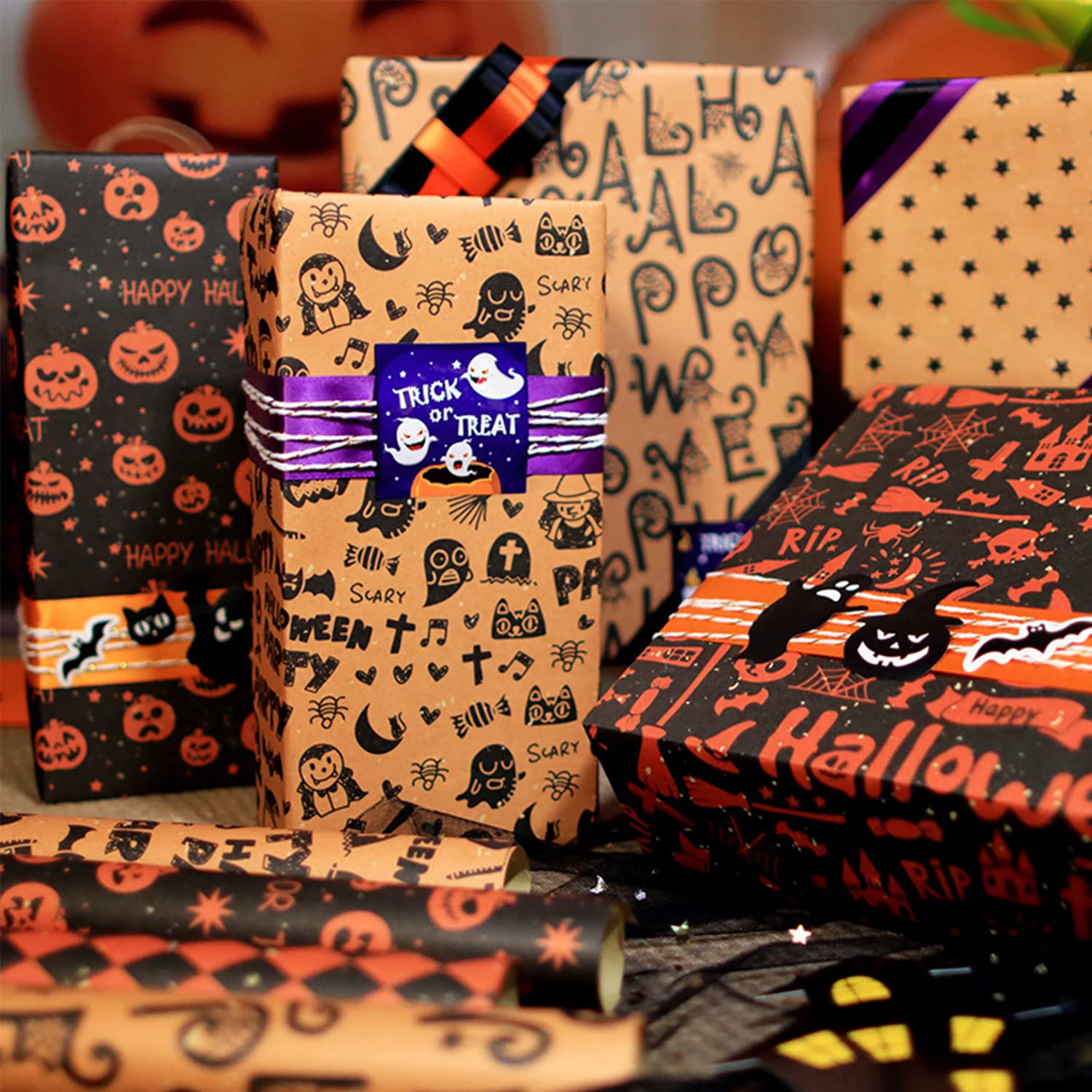 sorkwo Halloween Wrapping Paper Sheet, 6 Sheets Halloween Pattern Paper Flat Wrapping Paper Sheets Gift Wrapping Paper with 6 style for Halloween Birthday Party Gift