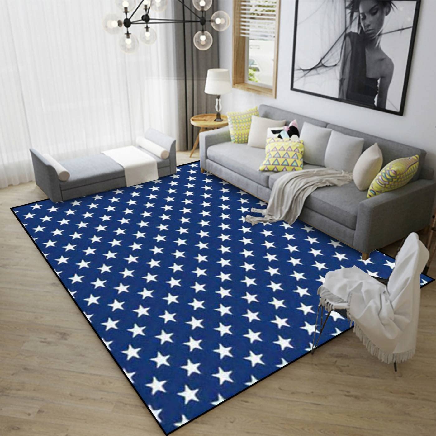 Area Rug Non-Slip Rug Style Seamless White Stars Blue Indoor Outdoor Living Room Bedroom Kids Room Carpet Runner Rug Home Decor Doormat Yoga Mat Patio Floor Mat