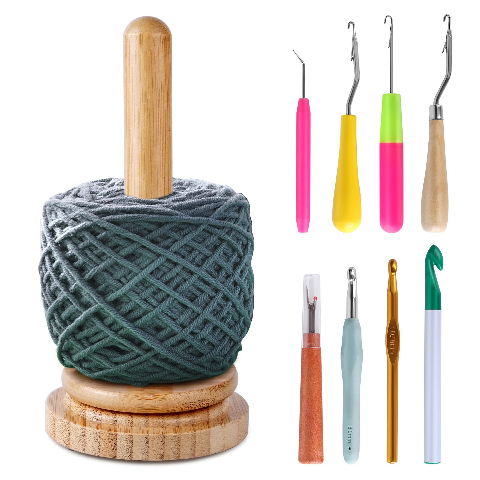 PhantomSky Wood Yarn Dispenser Yarn Spinner Wool Thread Holder Yarn Ball Holder with 8 PCS Crochet Hooks Set for Knitting, Crochet