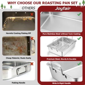 Roasting Pan with Rack for Turkey Chicken, Joyfair Stainless Steel Roaster Pan and V-rack for Toaster Oven, Rectangular Bakeware with Sturdy Handles, Heavy Duty & Dishwasher Safe (Large)