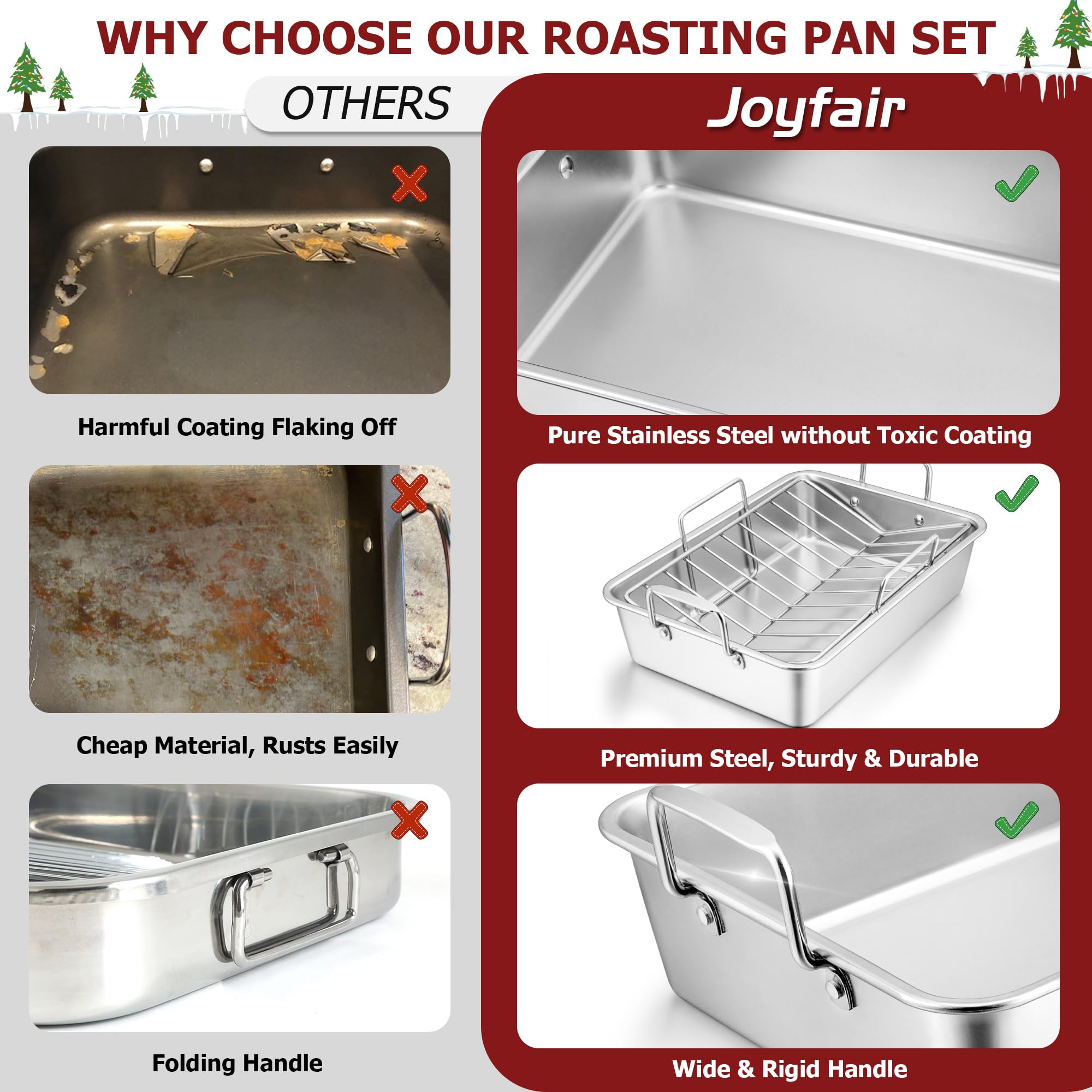 Roasting Pan with Rack for Turkey Chicken, Joyfair Stainless Steel Roaster Pan and V-rack for Toaster Oven, Rectangular Bakeware with Sturdy Handles, Heavy Duty & Dishwasher Safe (Large)