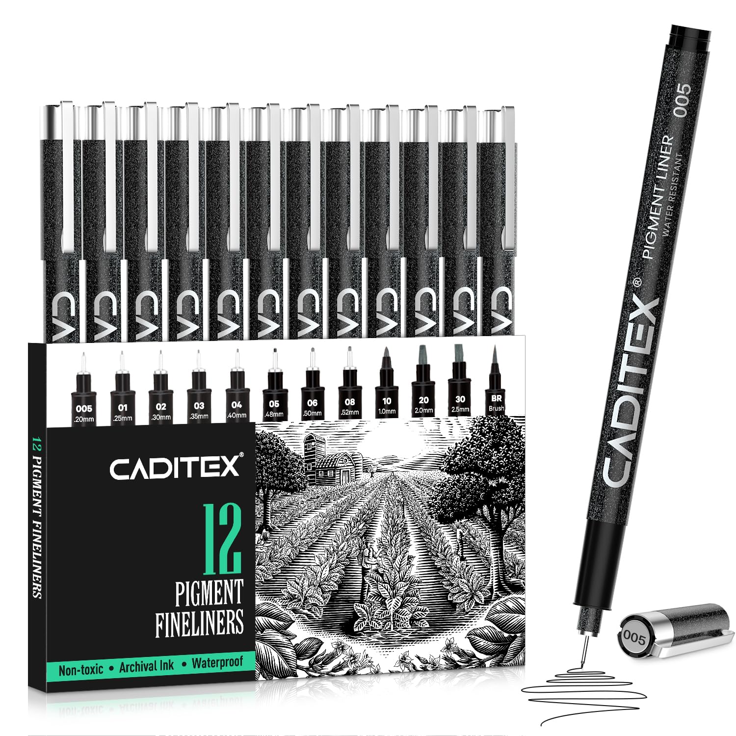 CADITEX Micro-Pen Set, 12 Size Fineliner Pens, Micro-Pens for Beginners Sketching, Writing, Drawing