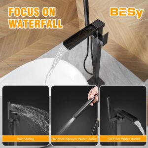 BESy Freestanding Bathtub Faucet Waterfall Tub Filler Oil Rubbed Bronze Floor Mount Brass Single Handle Bathroom Tub Faucets with 2 Function Hand Shower Wand