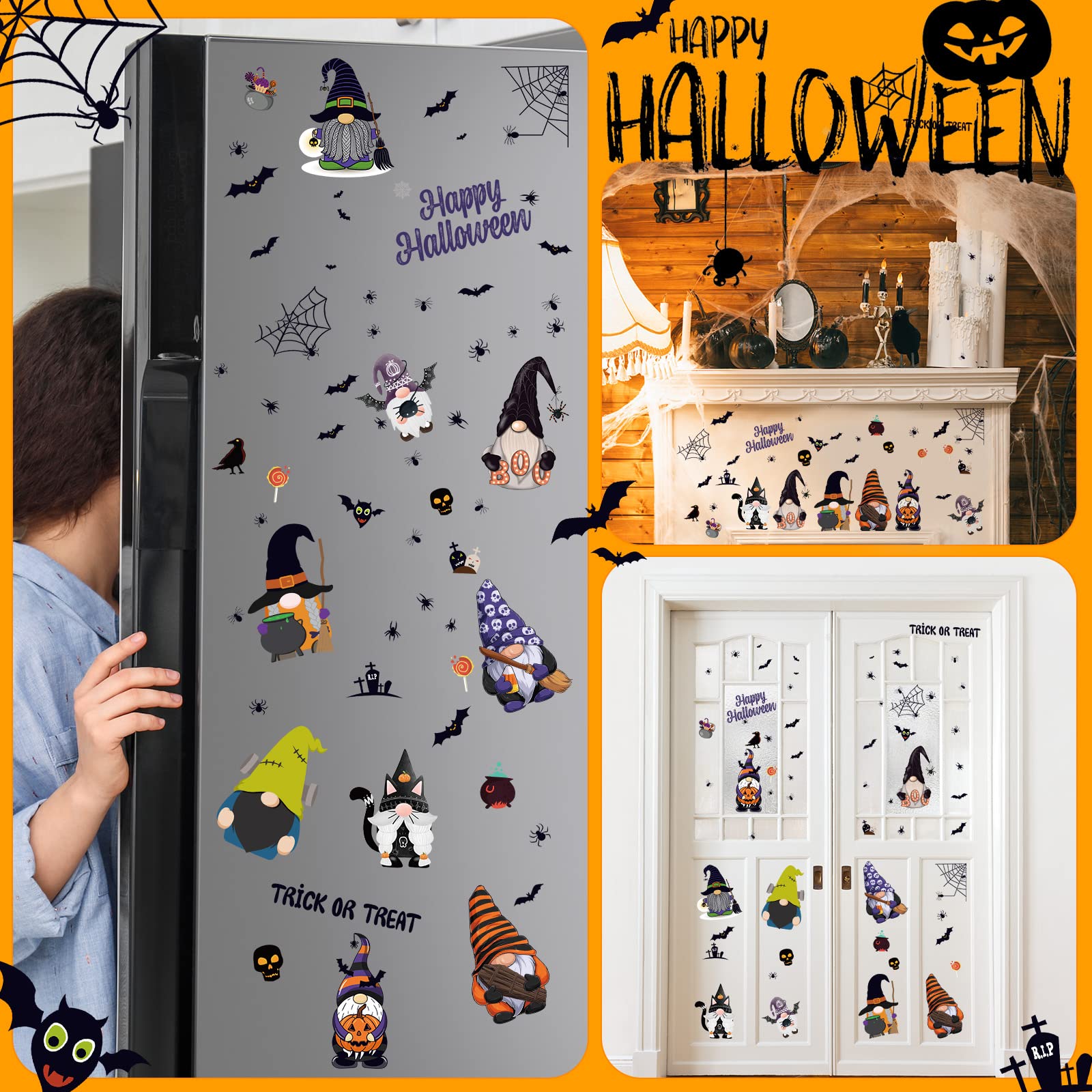 9 Sheets Halloween Gnome Wall Decals Halloween Wall Stickers Gnome Window Clings Bat Elf Faceless Dwarf Stickers for Home Walls Haunted House Halloween Party Decor