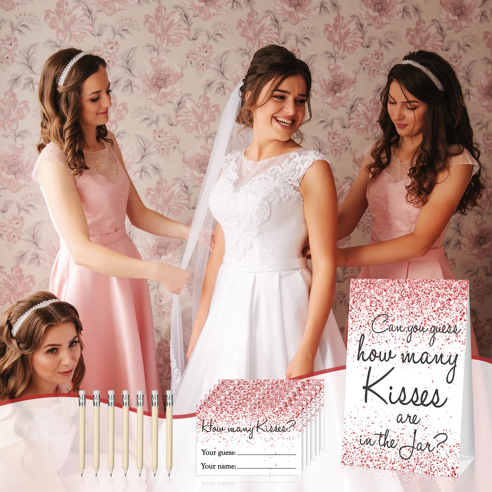 Geosar Bridal Shower Games Guess How Many Kisses Game Includes Bridal Shower Sign, 50 Guessing Cards and 15 Pencils, Bridal Shower Favors, How Many Kisses Are in Jar Wedding Decorations, Pink Confetti