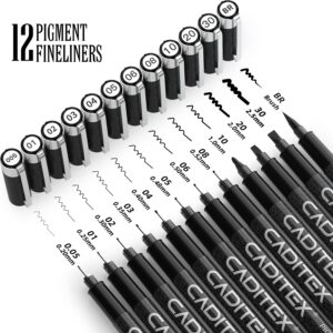 CADITEX Micro-Pen Set, 12 Size Fineliner Pens, Micro-Pens for Beginners Sketching, Writing, Drawing