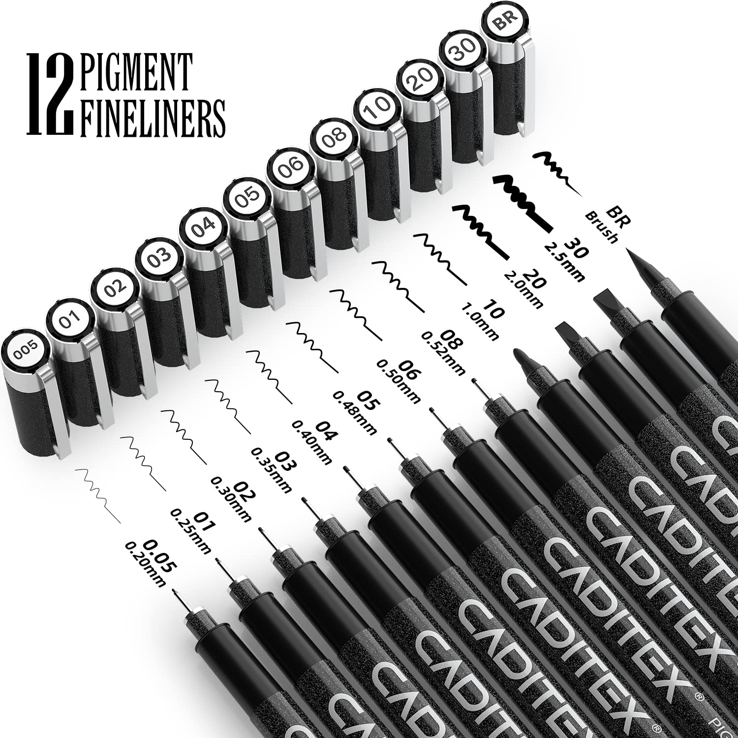 CADITEX Micro-Pen Set, 12 Size Fineliner Pens, Micro-Pens for Beginners Sketching, Writing, Drawing