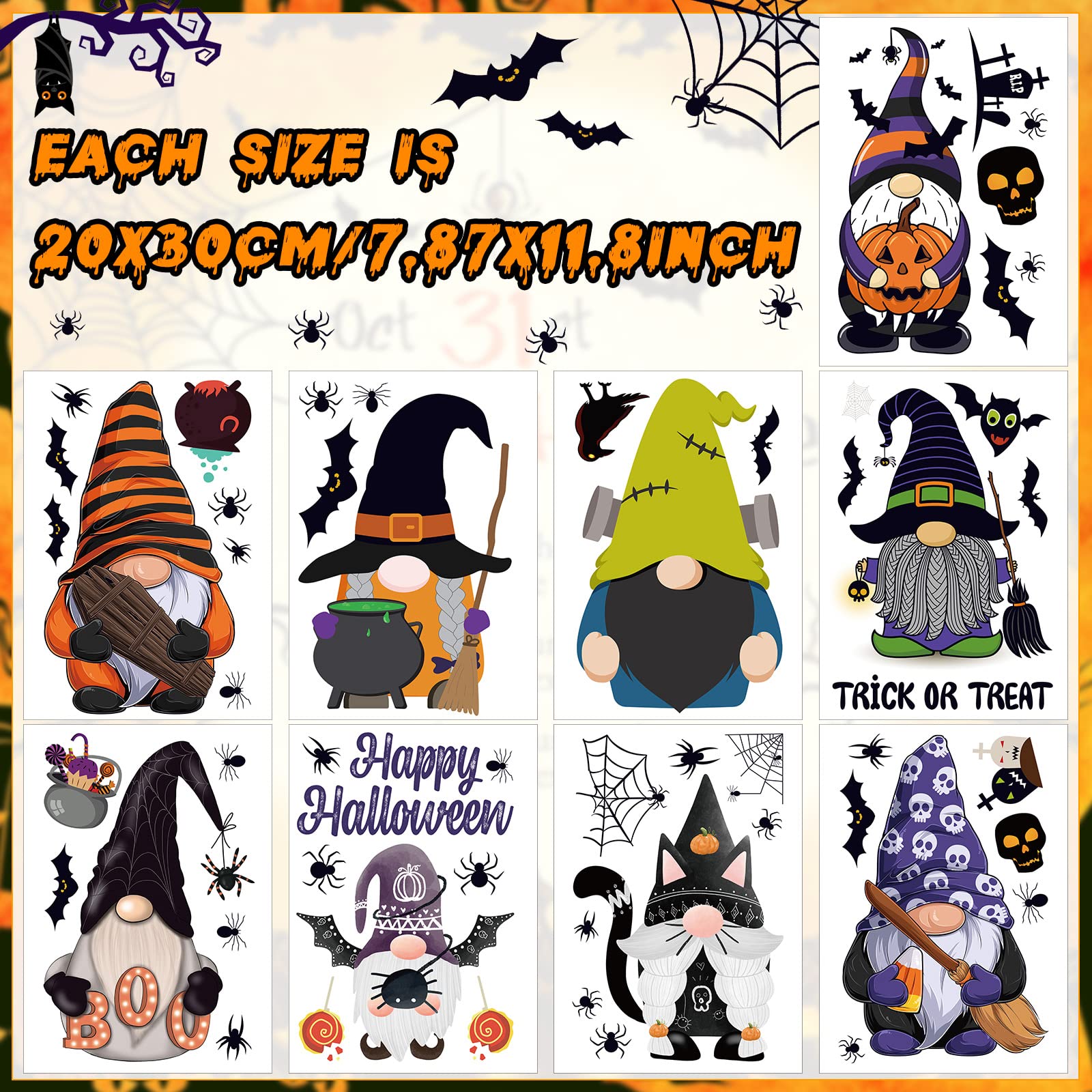 9 Sheets Halloween Gnome Wall Decals Halloween Wall Stickers Gnome Window Clings Bat Elf Faceless Dwarf Stickers for Home Walls Haunted House Halloween Party Decor